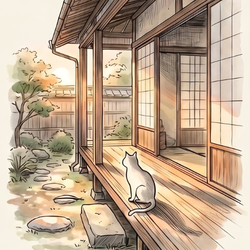 縁側に座る猫のイラスト